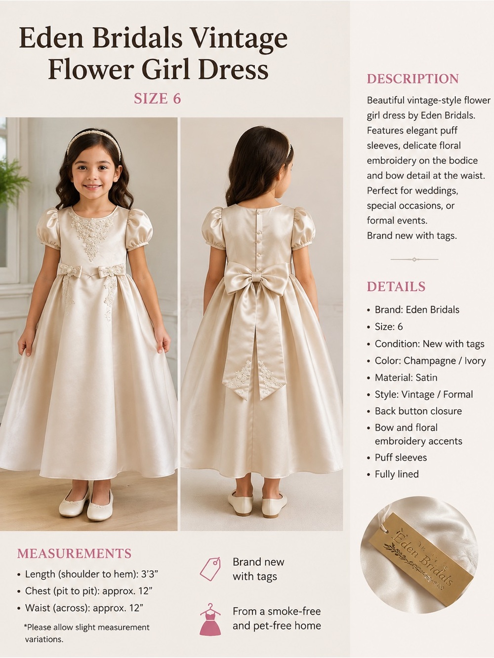 Eden Bridals Satin Flower Girl Dress — Champagne Ivory